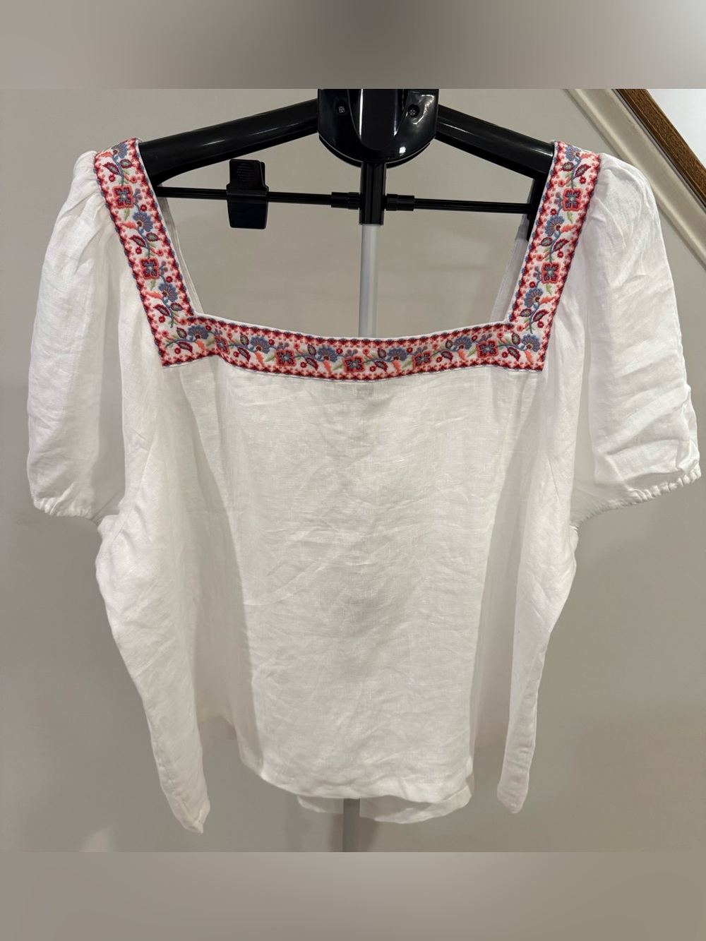 Boden White Square-Neck Linen Puff Sleeve Top Embroidery US 20/22 NWT - Picture 3 of 4
